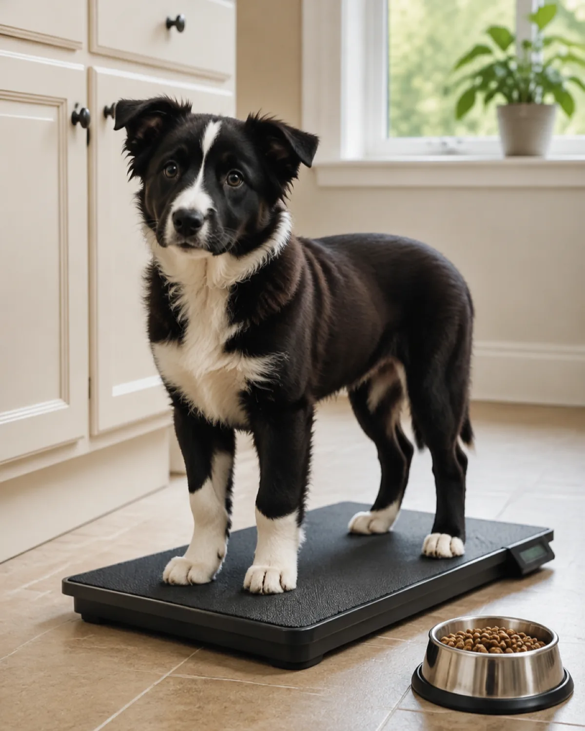 a medium black-and-white coated puppy with white blaze collar and chest medium fur and semi-erect ears standing on a kitchen scale mat next to its food bowl on pale tile floor in a bright kitchen with cream walls