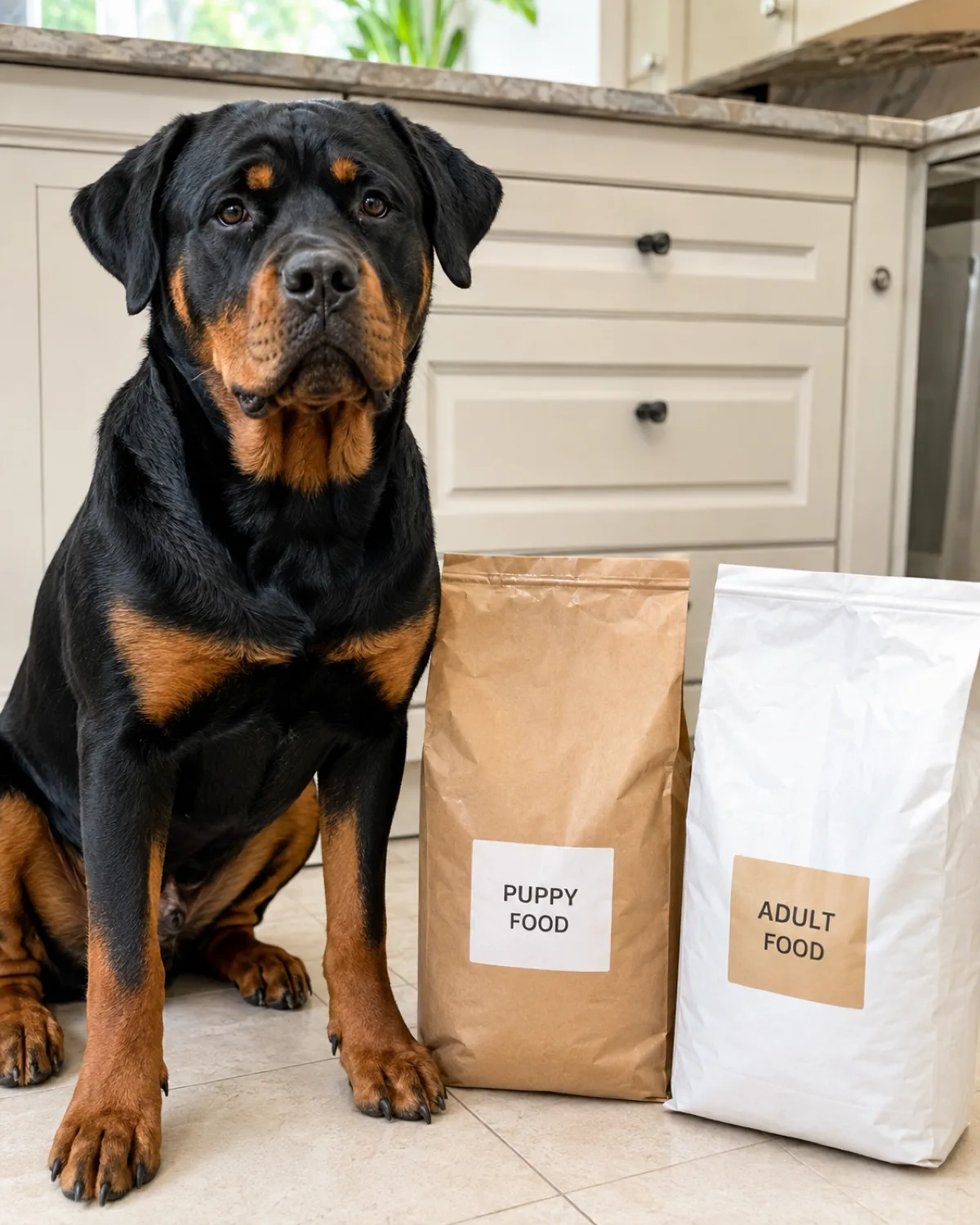 a large powerful black-and-tan short-coated young dog with a broad blocky head and floppy ears sitting calmly next to two different bags of dog food on cream kitchen floor with bright natural light and pale cabinets