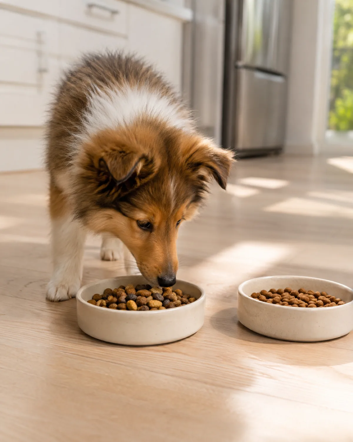 a small collie-like puppy with a sable-and-white long coat a mane beginning to grow and semi-erect ears sniffing a bowl with mixed kibble beside another bowl with old kibble on pale wood floor in a bright kitchen