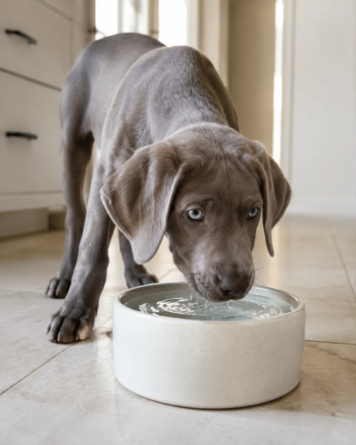 a medium sleek solid silver-grey short-coated puppy with floppy ears and pale eyes drinking from a clean ceramic water bowl on pale tile floor in a bright kitchen with cream walls and water droplets on chin