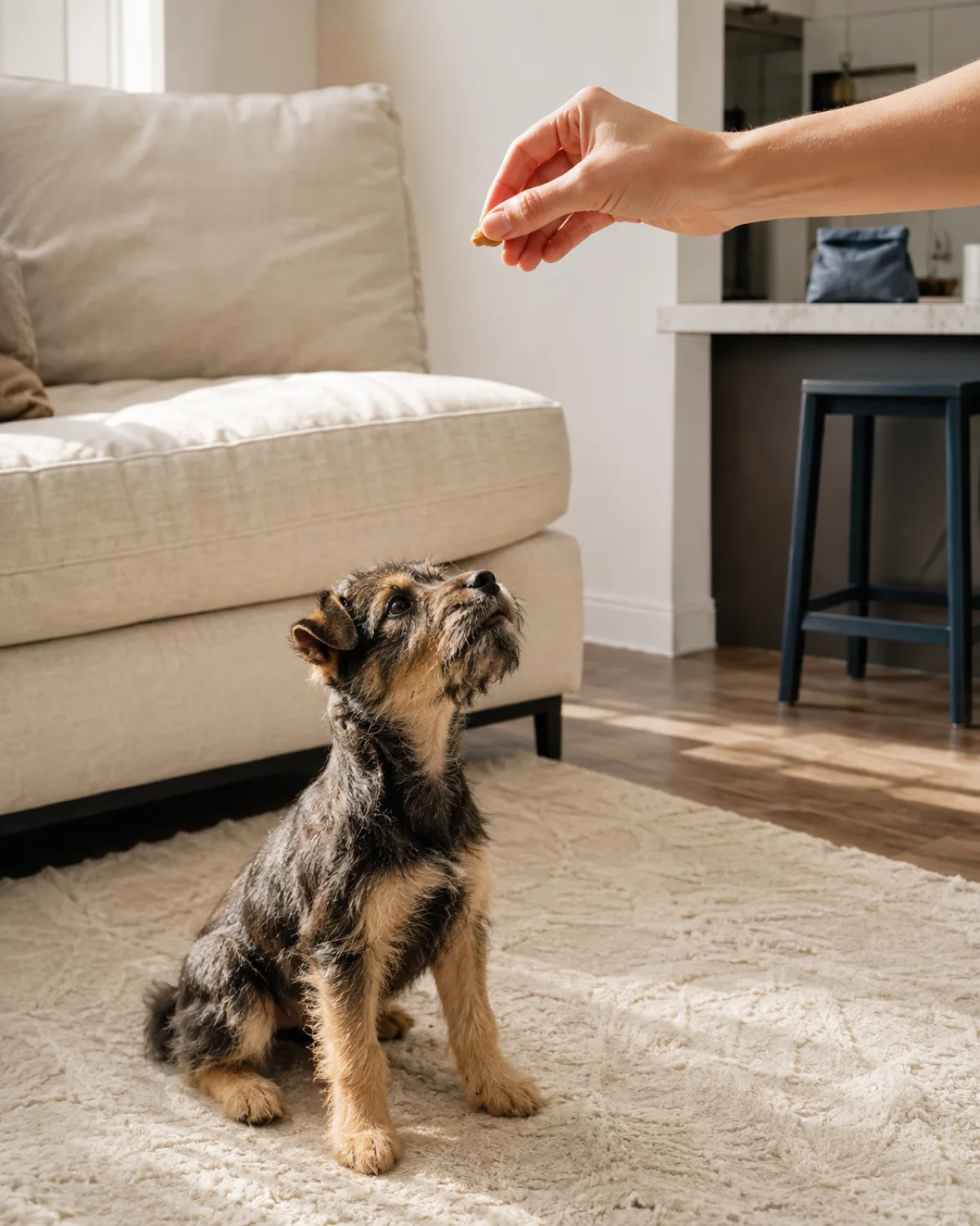 a small scruffy puppy with a rough grizzle-and-tan coat and folded V-shaped ears sitting on cream rug looking up at owner holding a tiny training treat above in a bright living room with pale sofa behind and warm sidelight