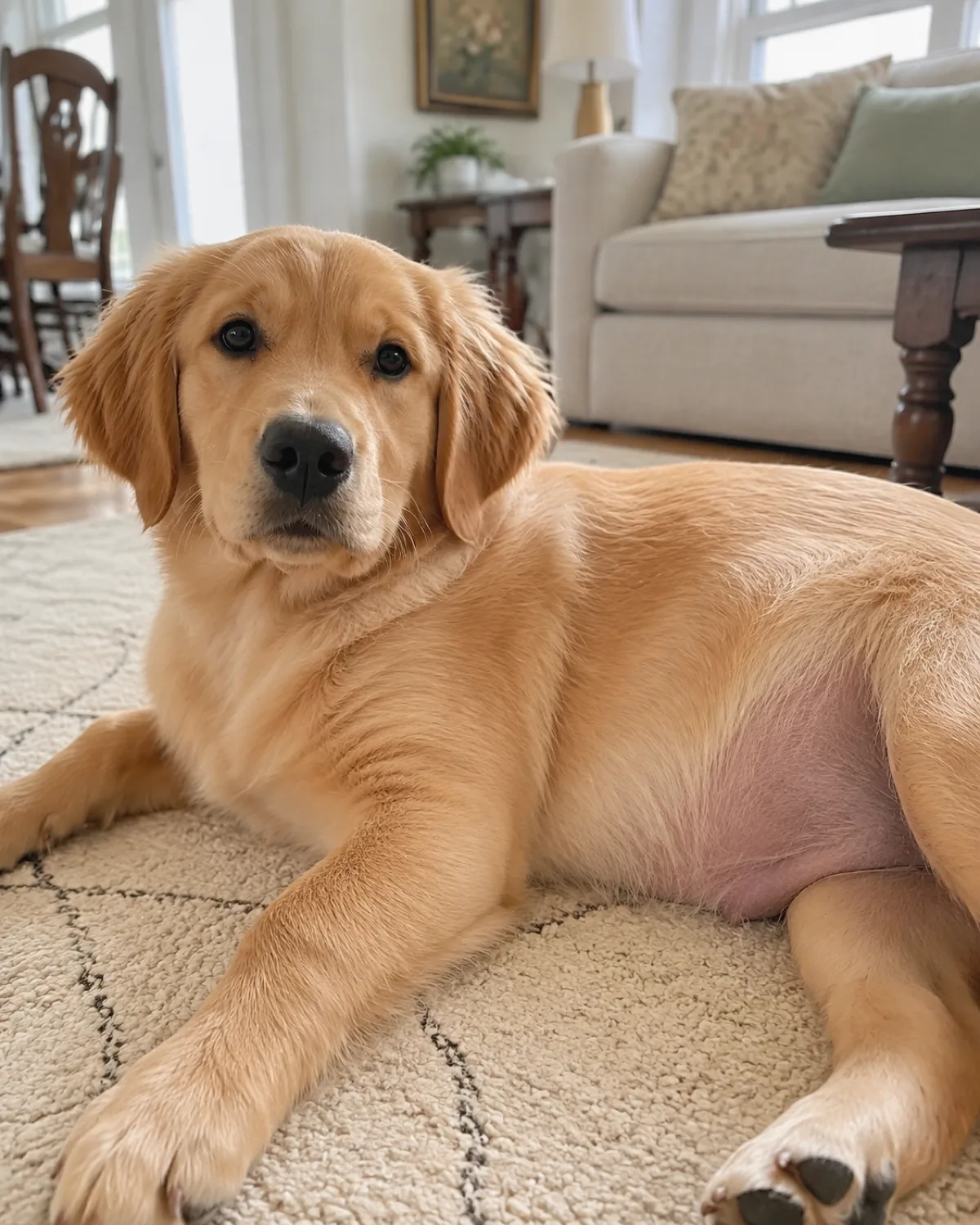 a large golden-coated puppy with medium feathered fur floppy ears and a friendly broad muzzle lying on cream rug with a slightly rounded belly visible in a bright living room with gentle expression looking at camera