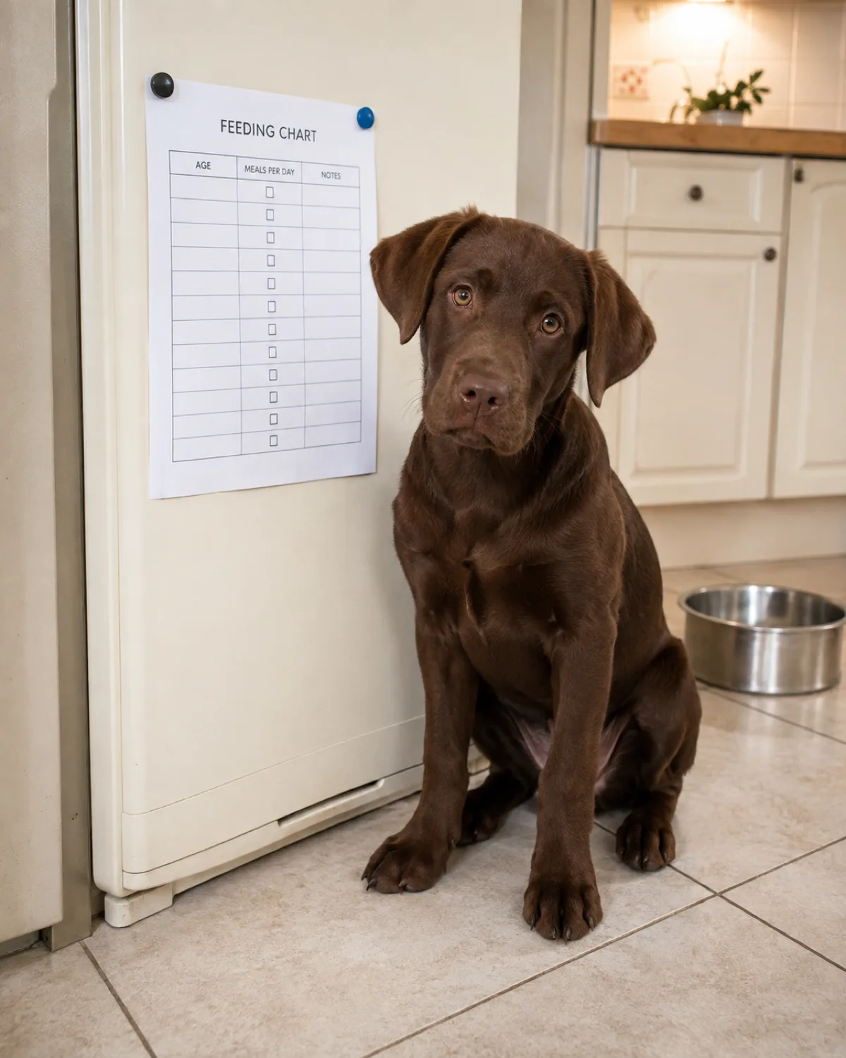 a medium solid chocolate-brown short-coated puppy with floppy ears and athletic build sitting next to a printed feeding chart pinned on a cream fridge door in a bright kitchen with pale tile and warm overhead light and a stainless bowl on floor nearby