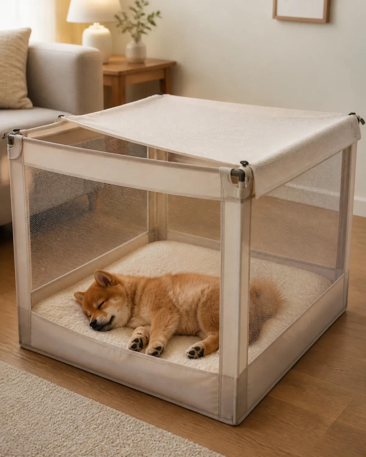 a small orange-red fluffy pomeranian puppy with tiny erect ears and fox-like face lying on its side asleep on a cushion inside a fabric play pen with a light shade cloth half draped over the top no one around quiet and peaceful soft indoor light