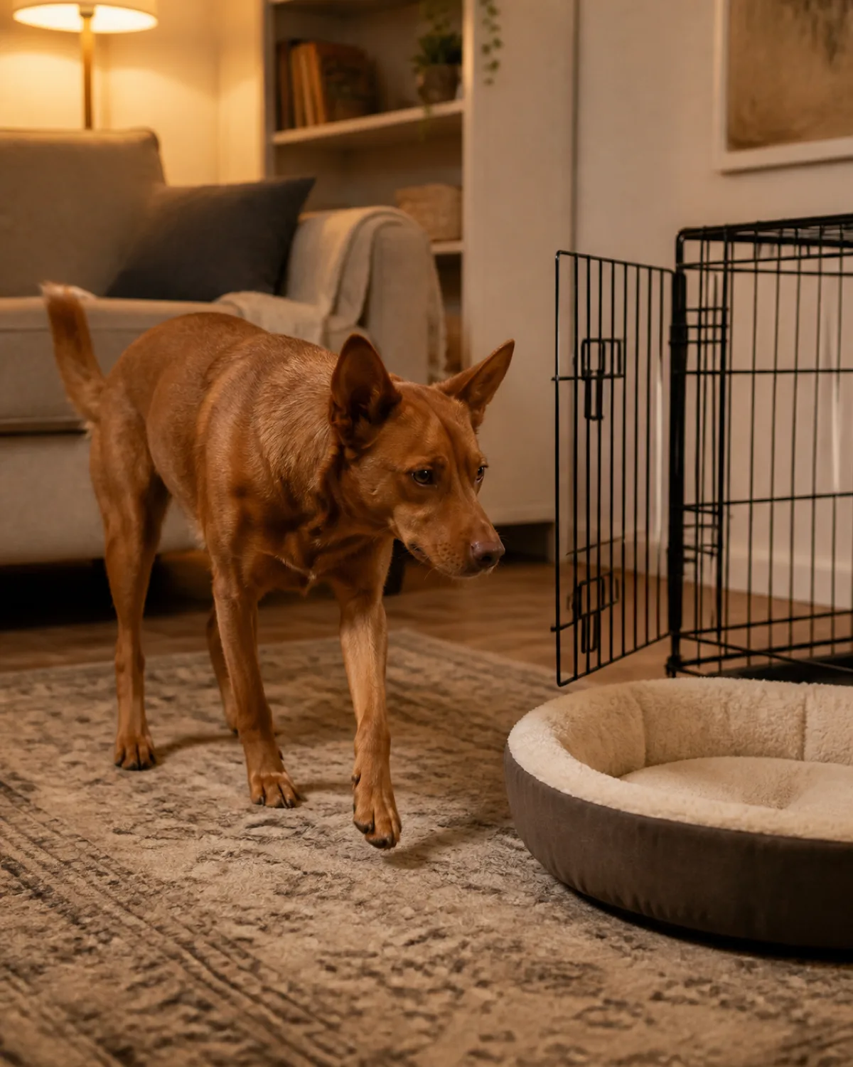 a medium young dark-red dog about twelve months old with smooth coat upright ears and calm confident expression walking toward an open crate and dog mat on its own without guidance in a living room warm evening indoor light showing mature self-directed settling behavior