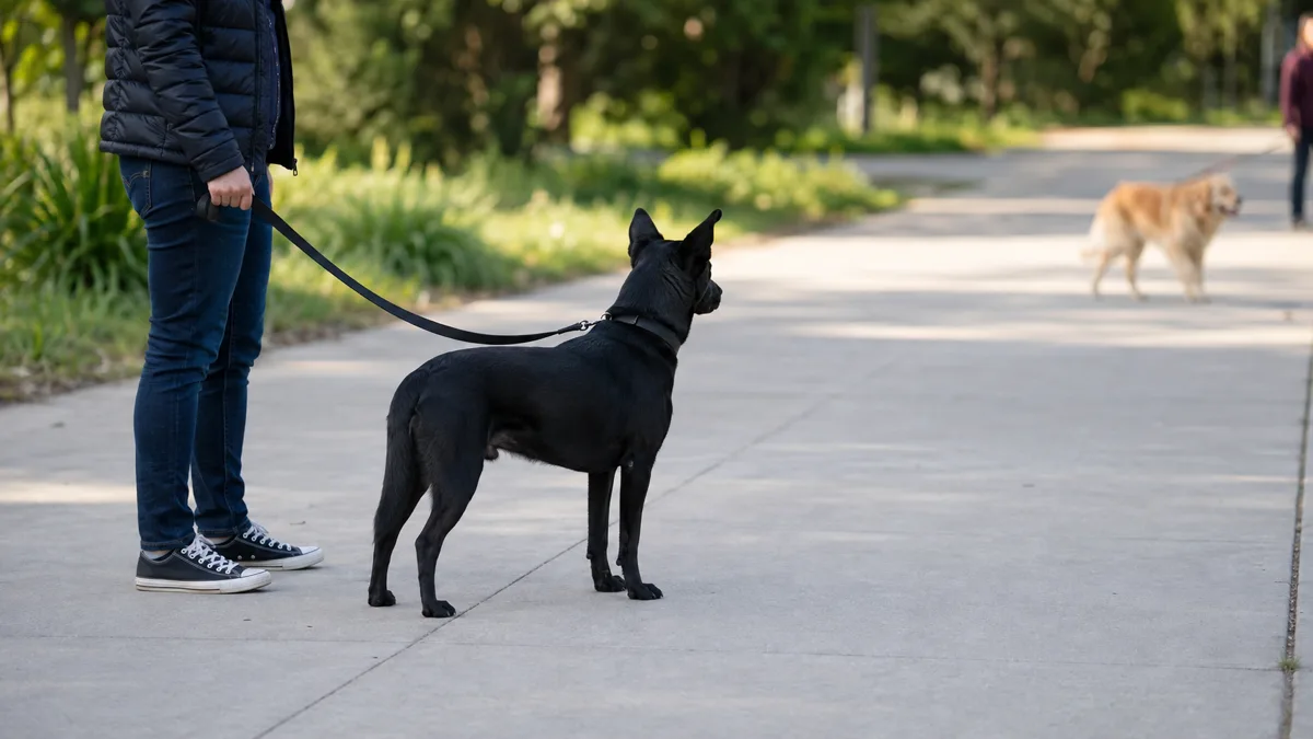 a medium solid-black short-coated dog with semi-erect ears standing on a wide sidewalk at moderate distance from a blurred passing dog with ears forward but body loose not lunging and owner standing calmly holding a slack leash in bright morning light