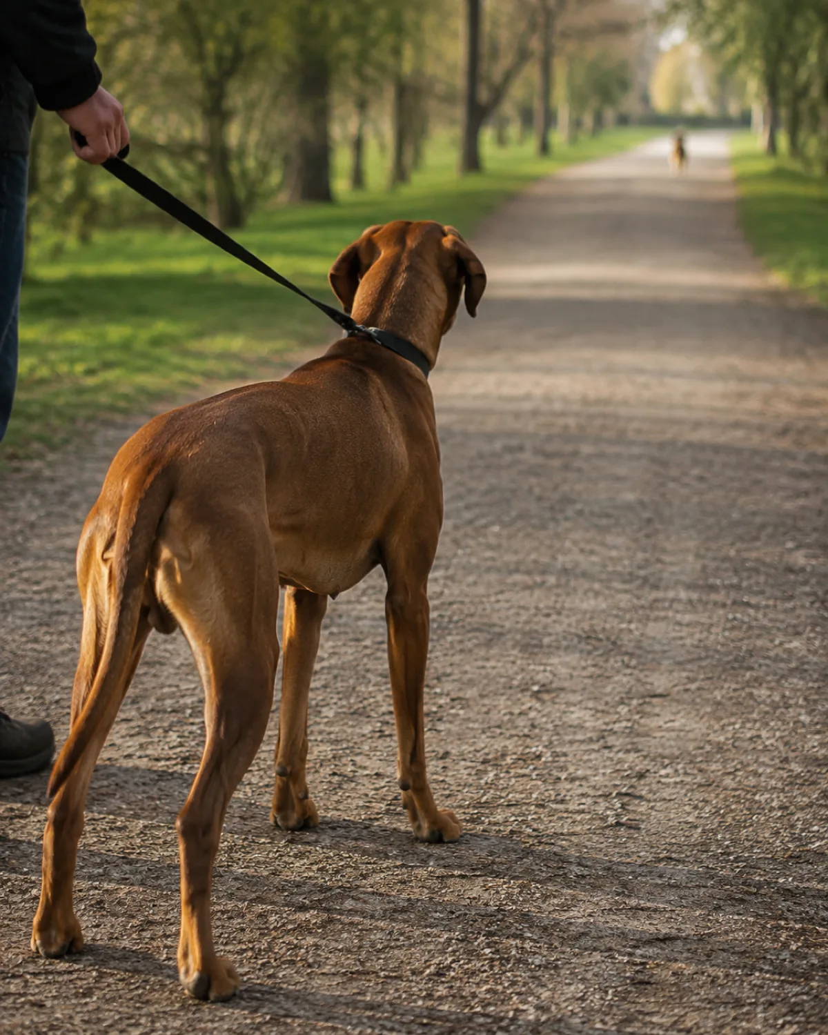 a large rusty golden-brown short-coated dog with floppy ears and athletic frame on leash with stiff forward posture and hard stare toward a distant blurred shape on a wide park path with morning light from left and green grass and owner partly visible holding leash taut not lunging not snarling just visibly tense and focused