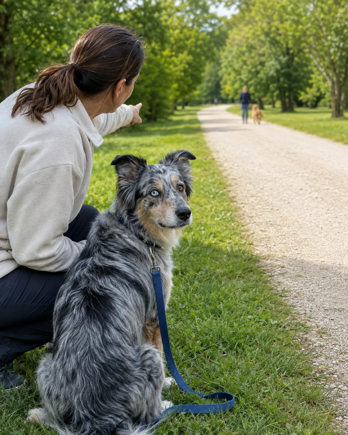 a medium blue-merle double-coated dog with one blue eye one brown eye and semi-erect ears sitting on a grassy park verge watching a blurred person-and-dog pair far down the path with owner crouched beside the dog pointing subtly at the distant pair on a bright day with cream gravel path