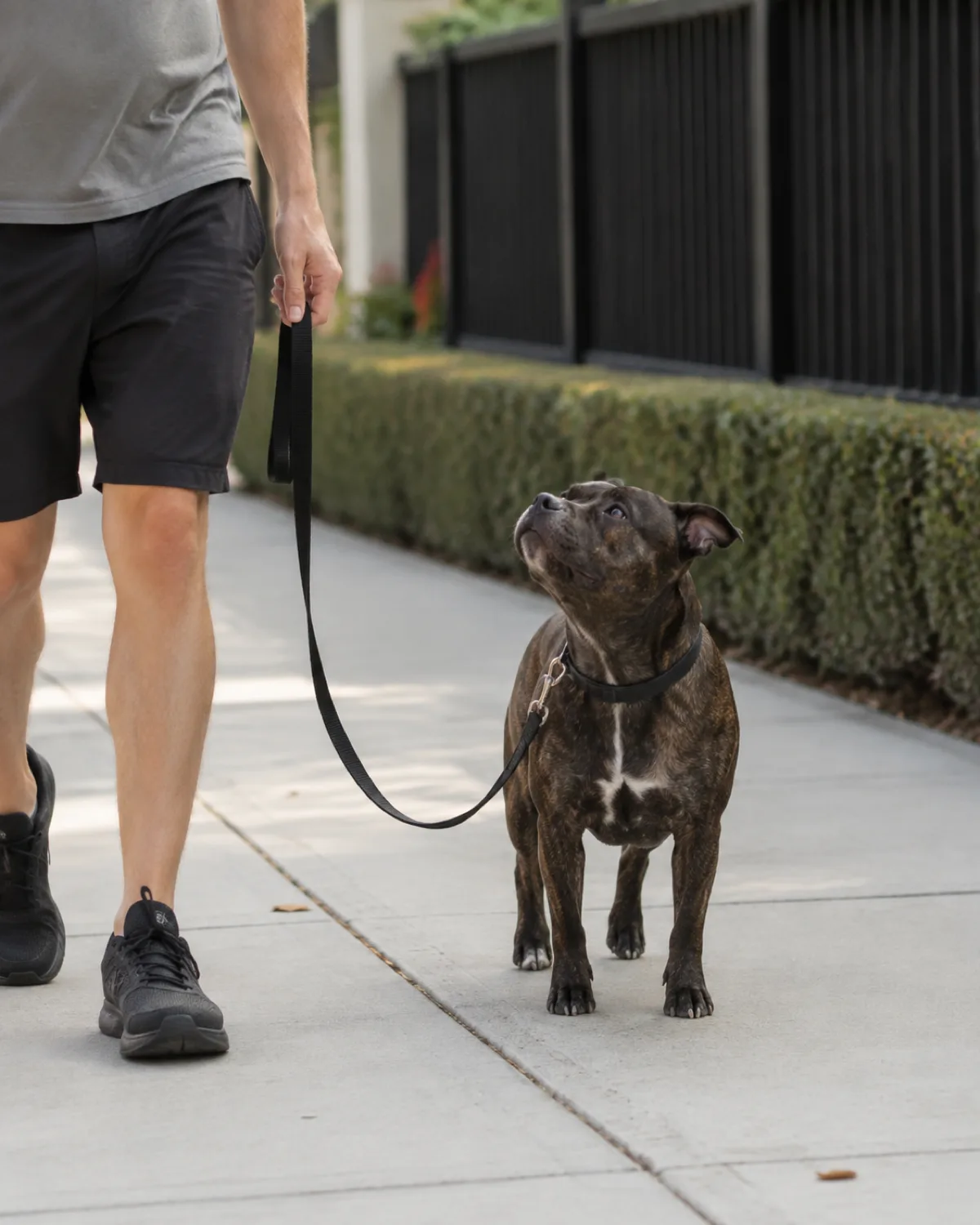 a small compact brindle short-coated dog with rose ears and a muscular chest walking calmly on a loose leash along a quiet residential sidewalk with no triggers visible and owner walking beside on pale concrete with soft morning light and blurred fence and low hedge and dog glancing up at owner