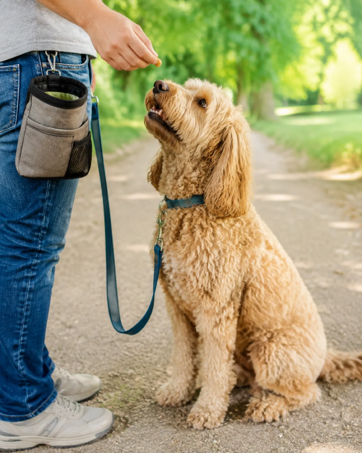 a medium shaggy apricot curly-coated dog with floppy ears and a teddy-bear face looking at a small chunk of cheese offered from a treat pouch by the owner on a park path with blurred green background and bright day and loose leash visible