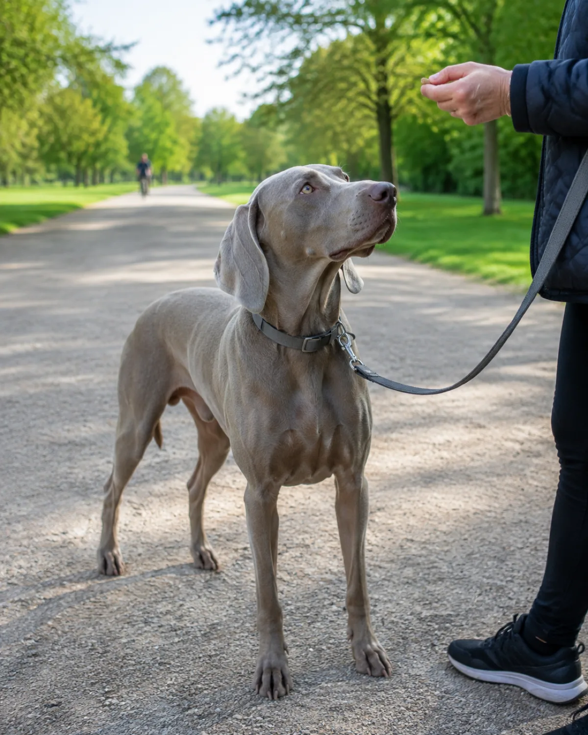 a large grey short-coated dog with long floppy ears and pale amber eyes on leash glancing briefly at a distant blurred cyclist then turning its head back toward the owner hand holding a treat on a wide gravel path with green park and bright morning light