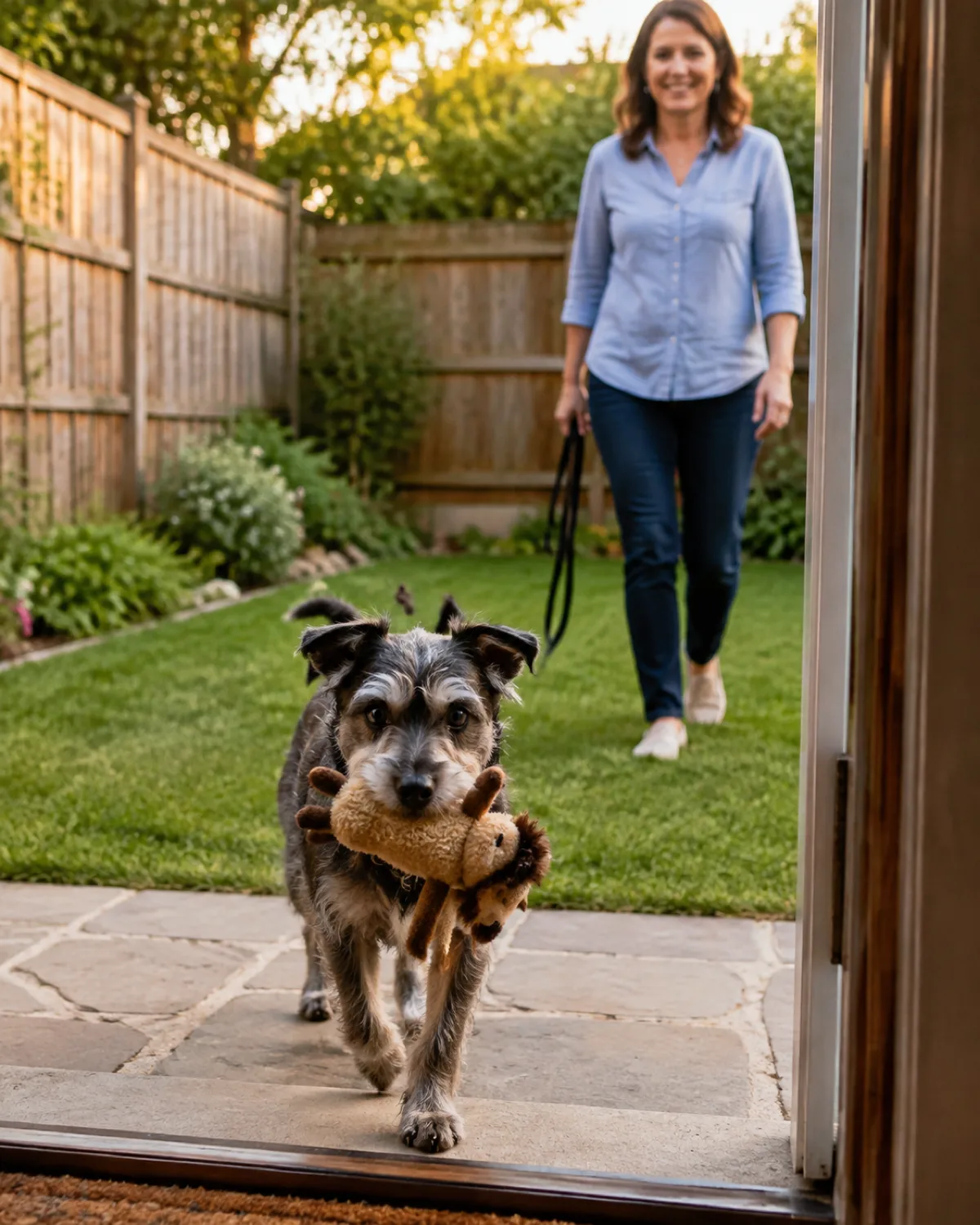 a small wiry salt-and-pepper coated dog with bushy eyebrows and folded V-shaped ears carrying a small toy toward the back door in a quiet backyard with owner smiling behind and soft late afternoon golden light and green grass