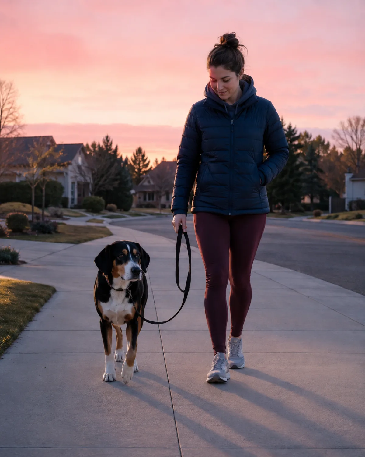 a medium tricolor black white and tan smooth-coated dog with long low-set floppy ears walking with owner on a quiet empty street at dawn with pale pink sky no other people or dogs visible long shadows on pale concrete and dog trotting on a loose leash close to owner with calm relaxed ears