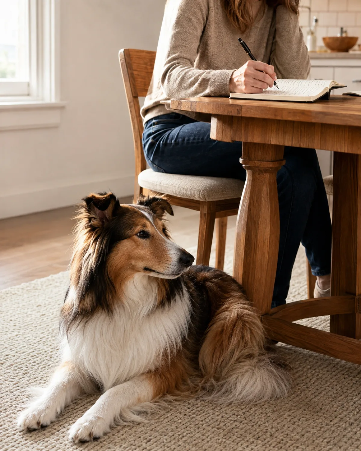 a medium sable-and-white long-coated dog with a feathered mane semi-erect ears and an elegant long muzzle lying calmly at the feet of owner sitting at a bright kitchen table writing in a small notebook with warm sidelight from window and pale walls