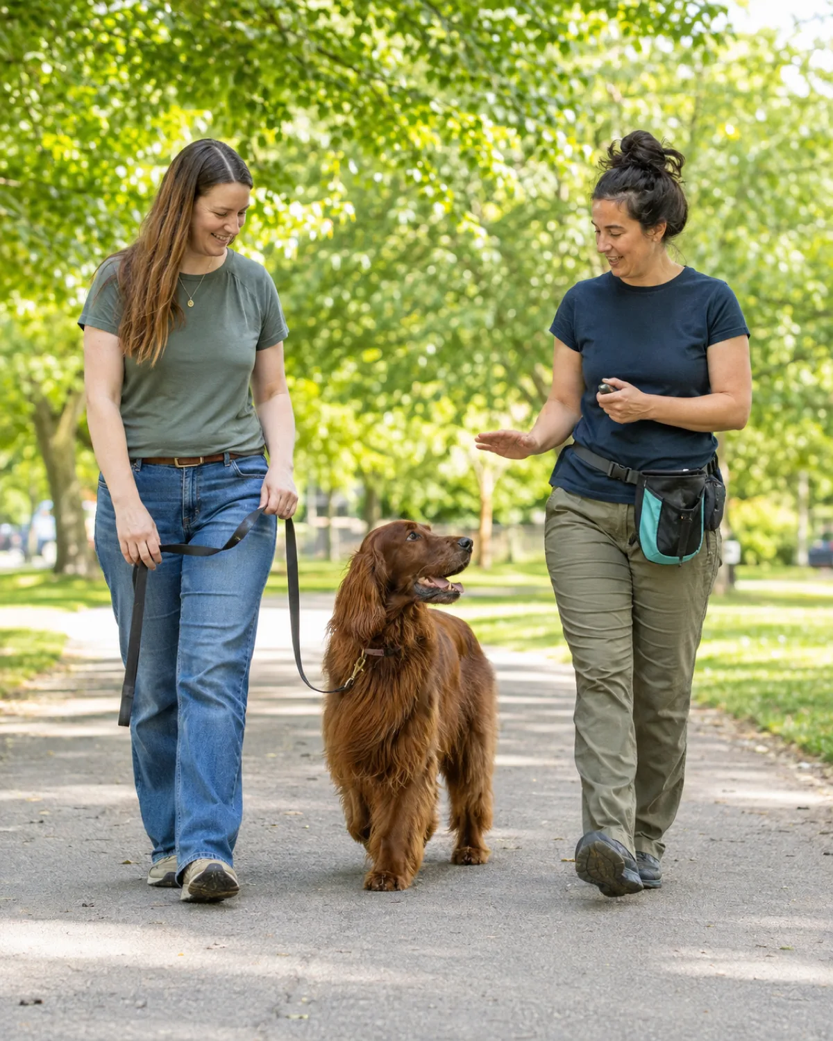 a large deep-red feathered long-coated dog with floppy ears and a gentle expression walking on leash beside owner and a second person trainer holding a treat bag and a clicker on a park path on a bright day with green background and trainer gesturing toward the dog with collaborative calm energy
