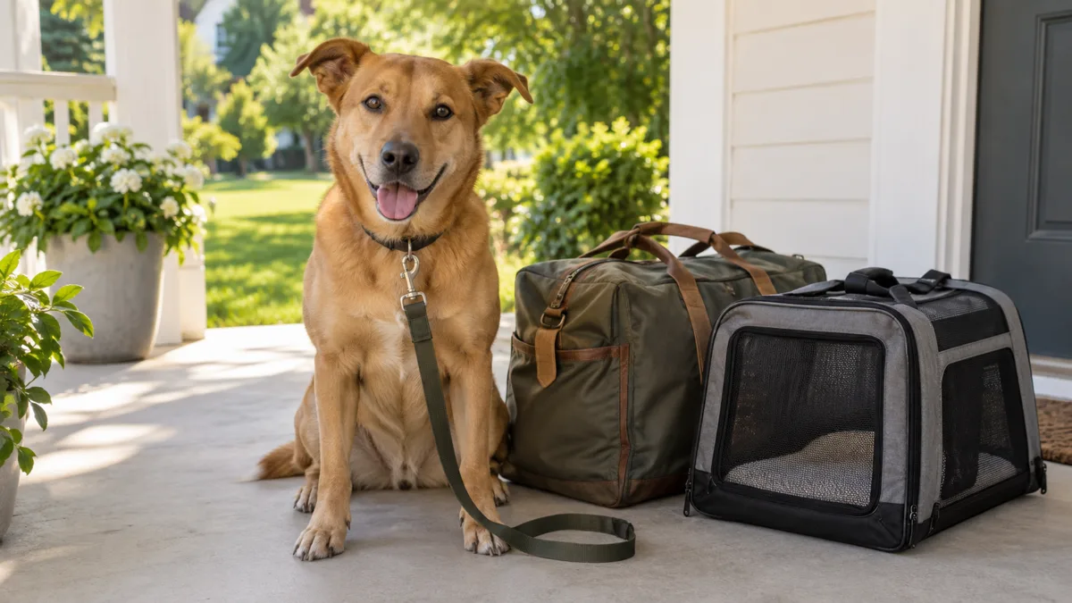 a medium tawny-gold smooth-coated dog with dark expressive eyes and semi-erect ears sitting calmly beside a packed duffel bag and a soft-sided pet carrier on a bright cream porch in morning sunlight