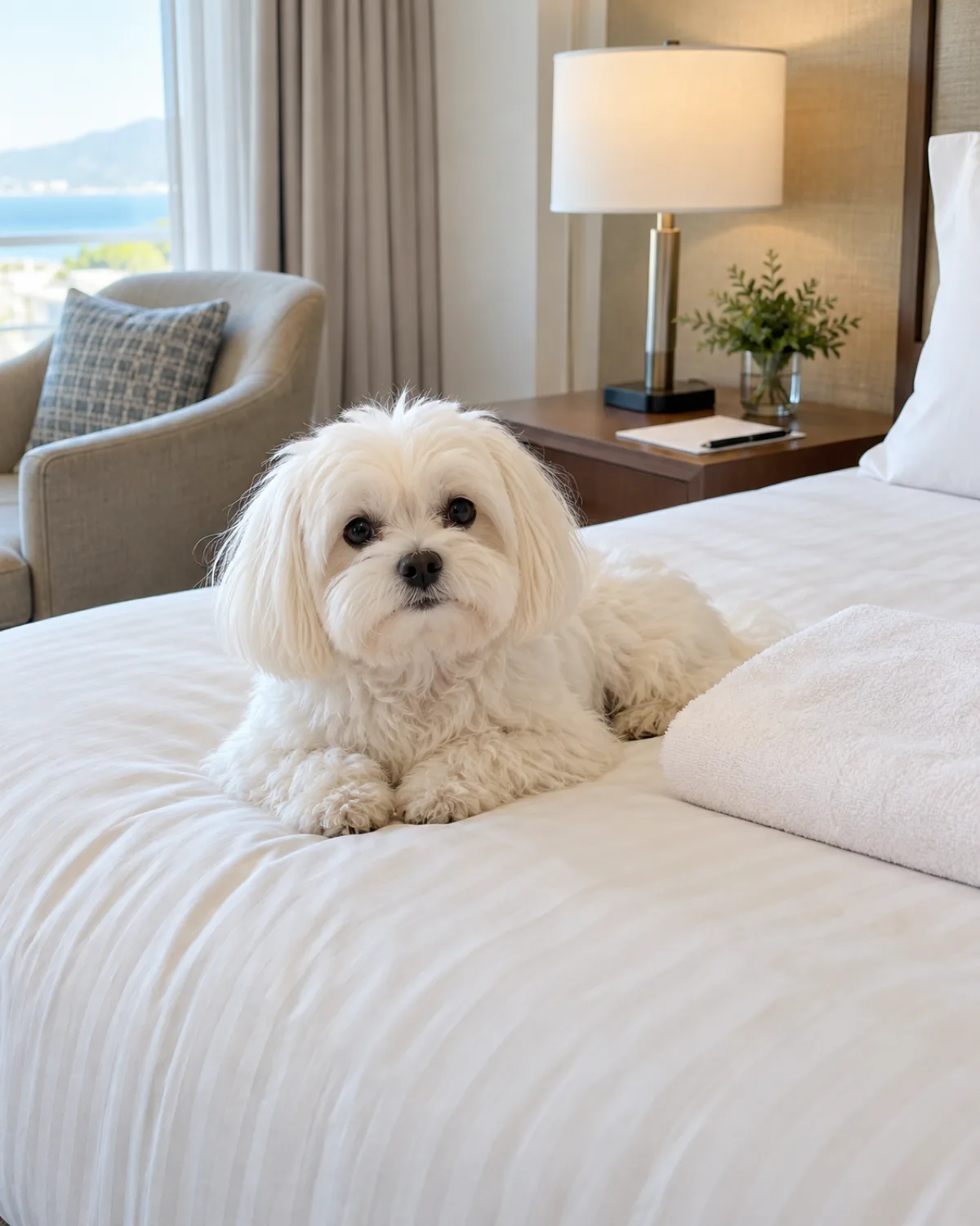 a small fluffy white long-coated dog with round dark eyes and a compact button nose lying on a pale cream hotel bed with a folded white towel beside it and a reservation printout and a pen on the nightstand in bright window light