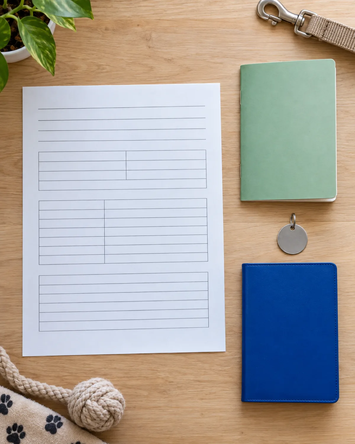 overhead flat lay on a light wood desk of a printed health certificate and a vaccination booklet and a rabies tag and a small blue pet passport folder arranged neatly in bright even natural light