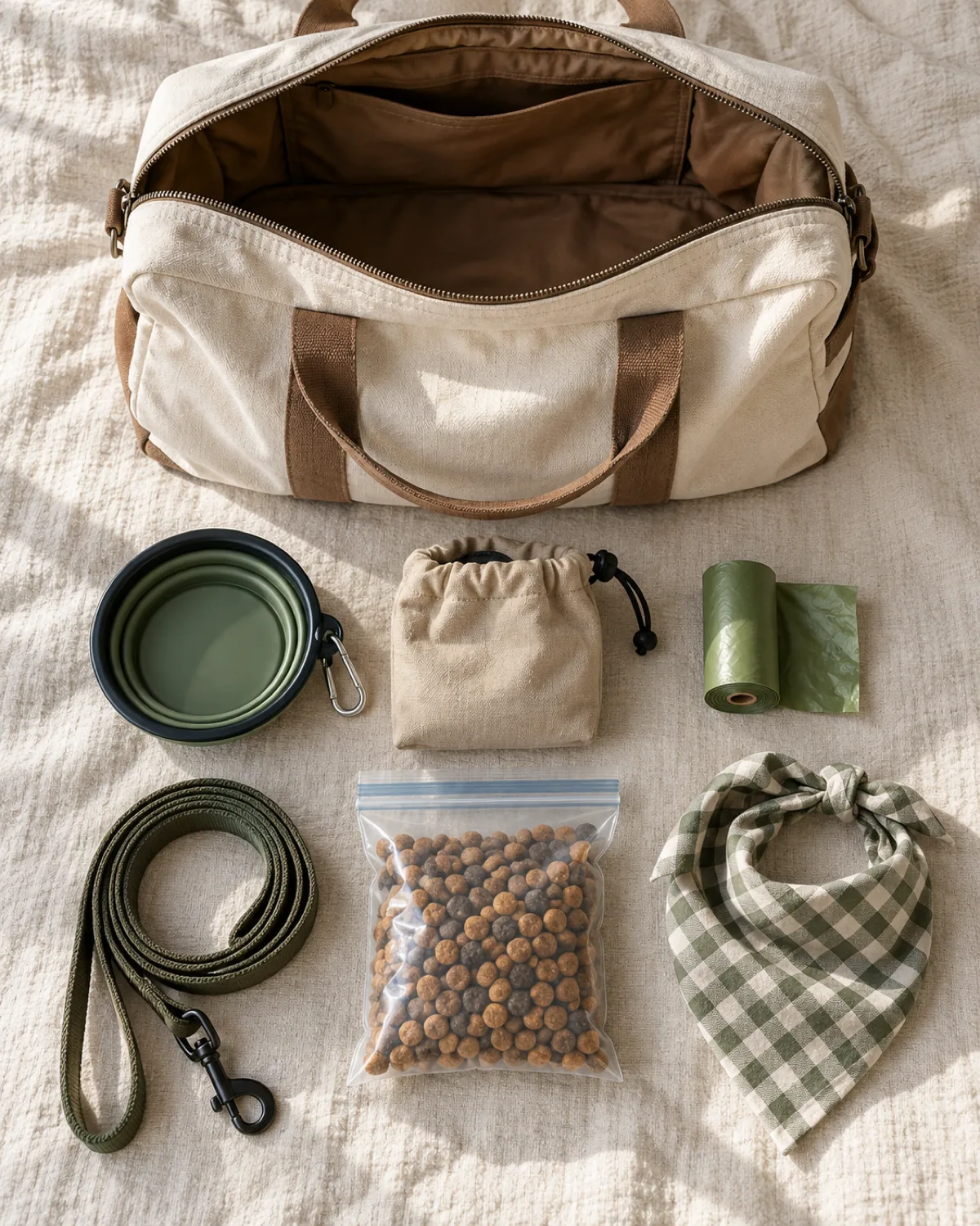 overhead flat lay on a cream linen blanket of an open canvas dog travel bag showing a collapsible water bowl and a treat pouch and a poop bag roll and a leash and a ziplock of kibble and a familiar bandana in bright morning light