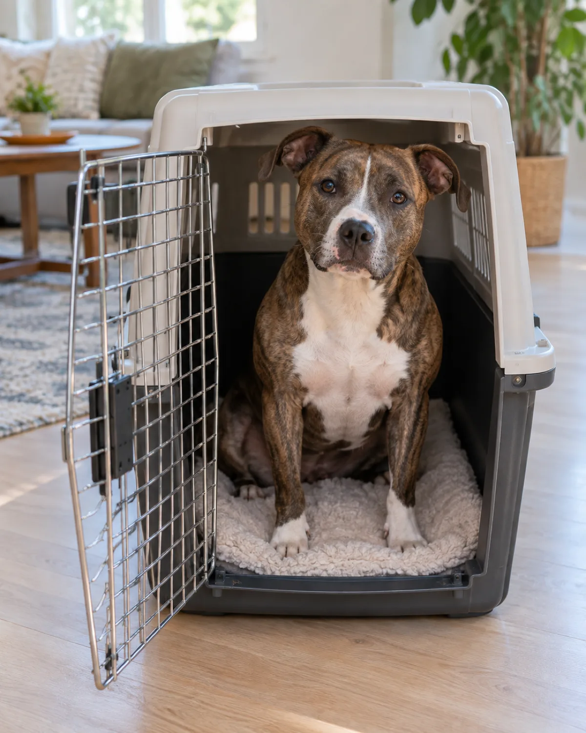a medium brindle-and-white short-coated dog with a deep chest and rose ears sitting calmly inside an airline-approved hard-sided carrier with the door open placed on a pale wood floor in a bright living room