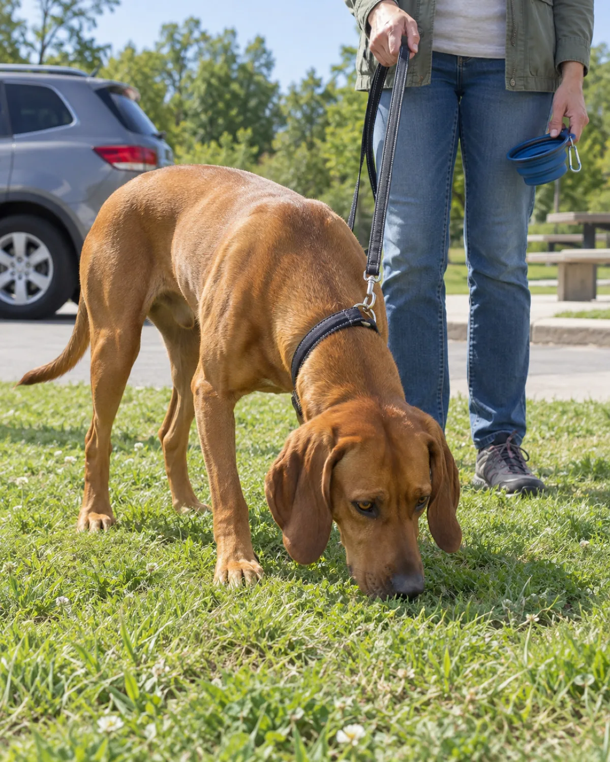 a large red-fawn smooth-coated dog with amber eyes and long floppy ears standing on grass at a highway rest stop with the owner holding a leash with one hand and a collapsible water bowl with the other in bright midday sun