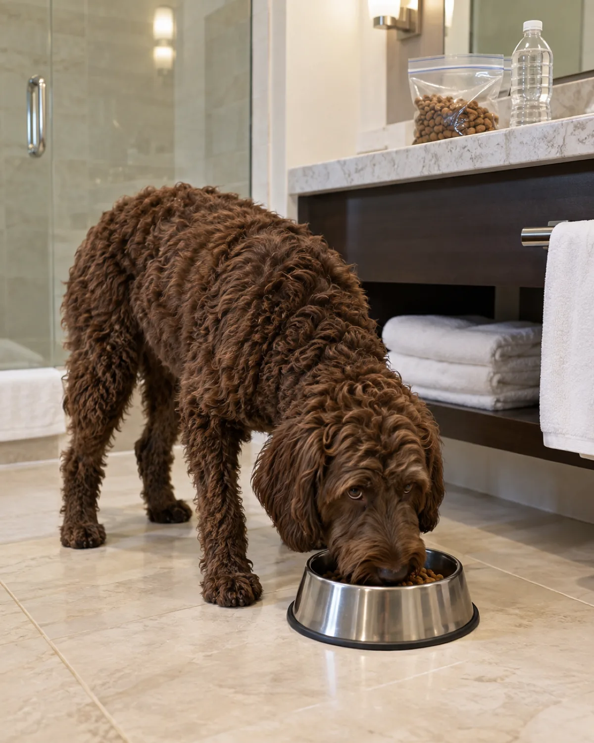 a medium chocolate-brown curly-coated dog with warm dark eyes and a broad nose eating from a familiar stainless steel bowl placed on a pale tile floor in a hotel bathroom with a ziplock bag of kibble and a water bottle on the counter above