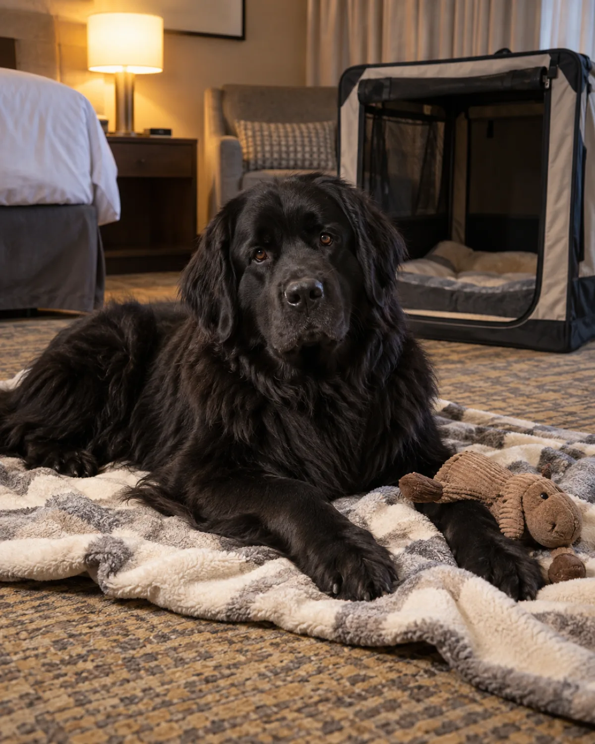 a large solid-black long-coated dog with a calm broad face and feathered legs lying on a familiar fleece blanket spread over a hotel room carpet with a stuffed chew toy beside the dog and a small collapsible crate with the door open behind in bright bedside lamp light