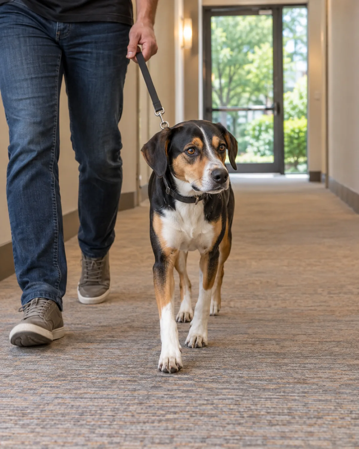 a medium tricolor black white and tan smooth-coated dog with folded ears and a lean athletic build on a short leash walking calmly beside the owner through a hotel hallway toward a glass exit door with green trees visible outside