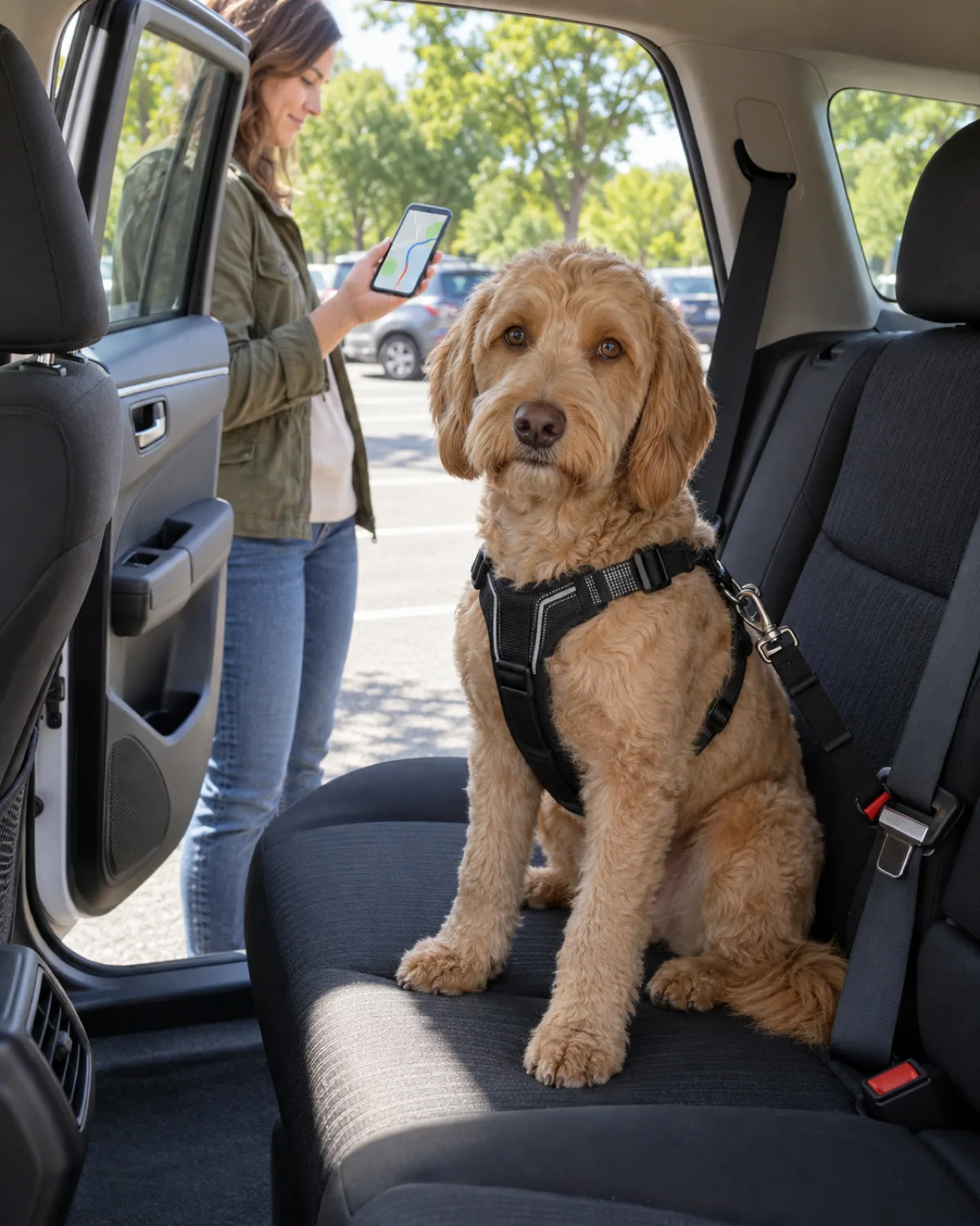 a medium sandy-apricot wavy-coated dog with amber eyes and a gentle face sitting in the backseat of a parked car in a crash-tested harness with the owner standing at the open rear door holding a phone showing a map in bright daylight