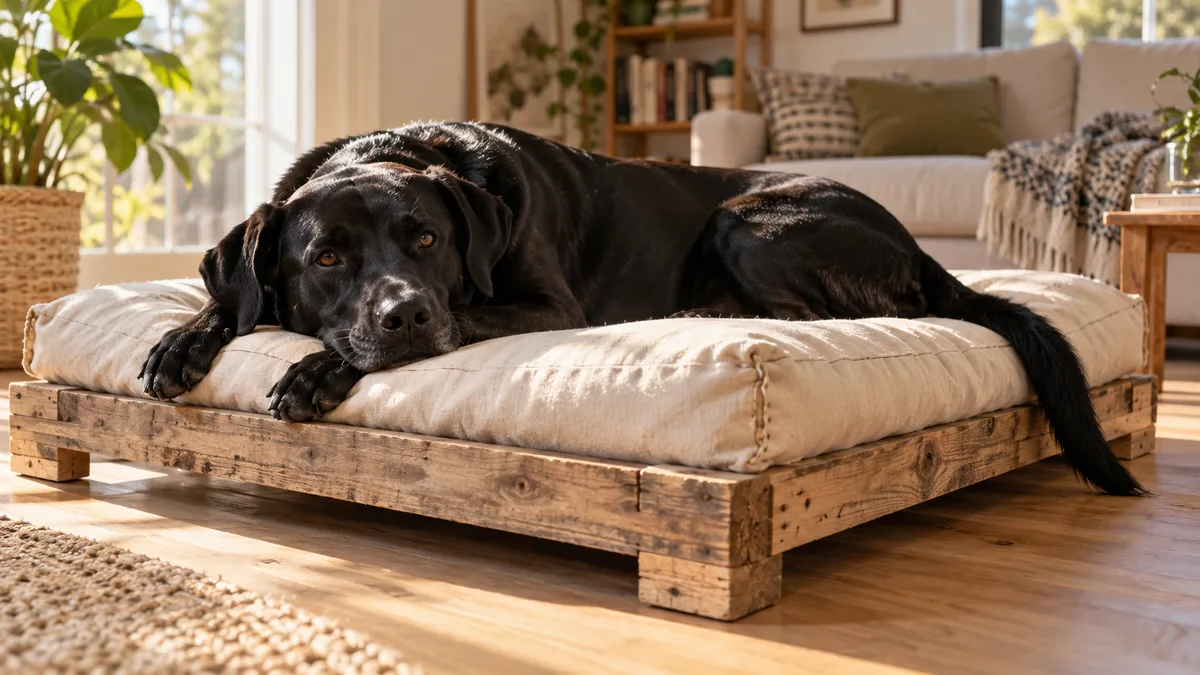 a large solid-black short-coated dog lying on a rustic wooden pallet frame bed with a cream canvas cushion in a bright living room
