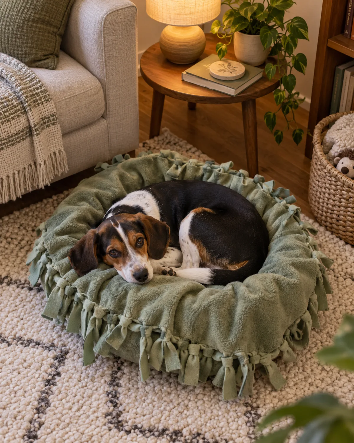 a small sturdy tricolor hound puppy curled up on a tied-fringe fleece blanket bed in sage green on a cream rug
