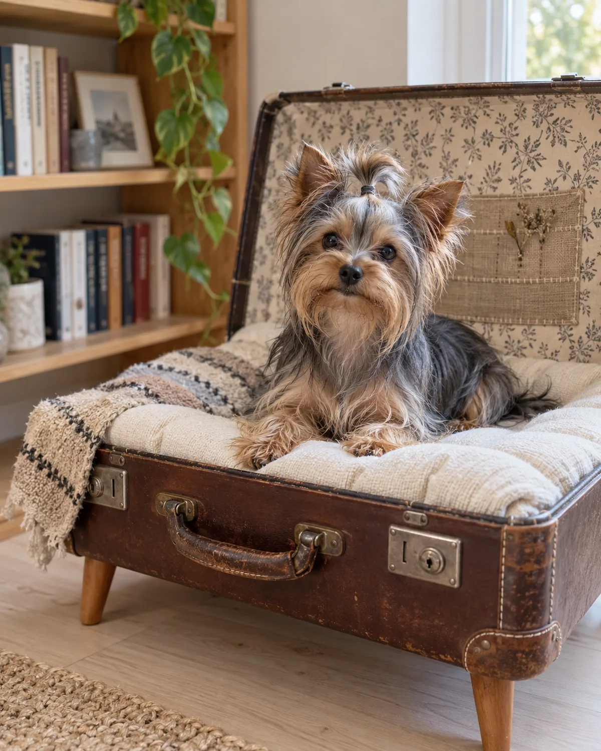 a tiny silky steel-blue-and-tan dog sitting inside a vintage hardshell suitcase bed on wooden legs near a bookshelf