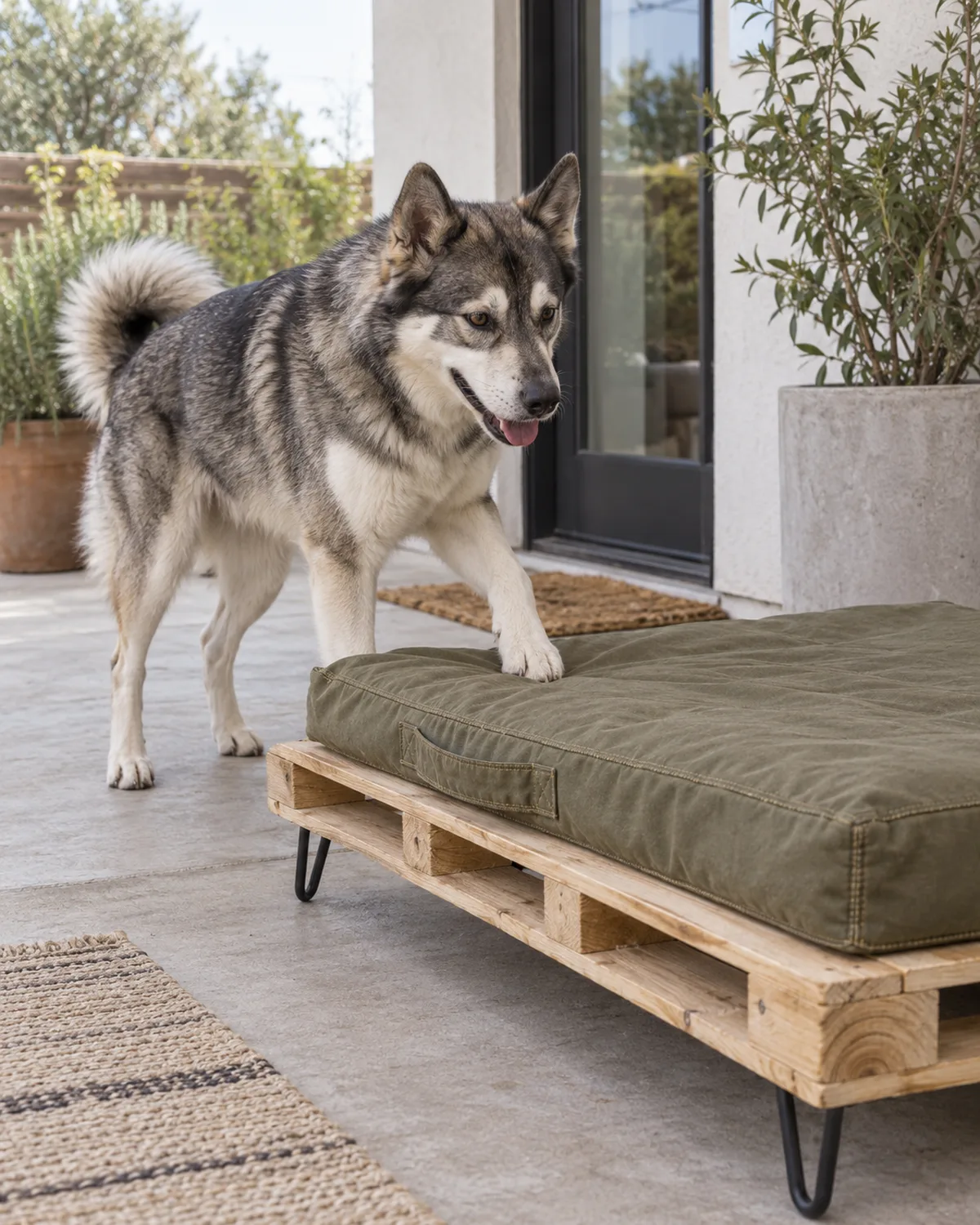 a medium grey-and-white double-coated dog stepping onto a sanded pallet bed with hairpin legs on a concrete patio