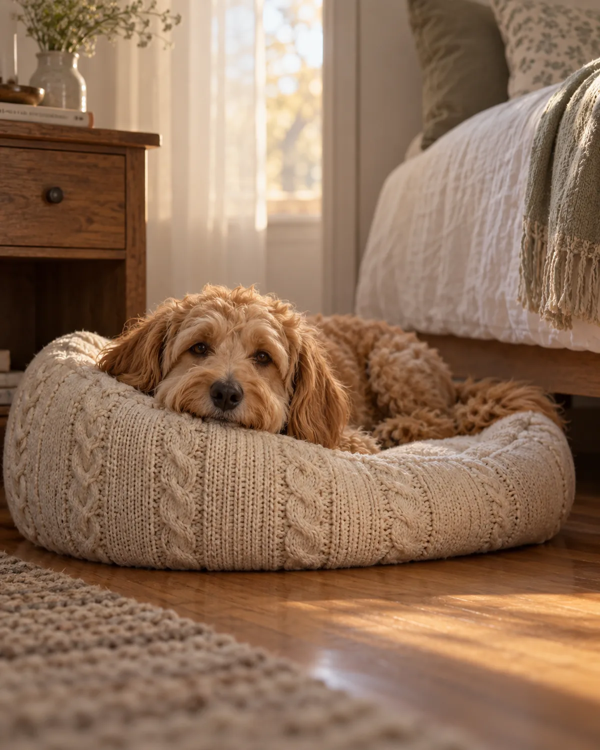 a medium apricot shaggy dog resting chin on the bolster rim of a cream cable-knit sweater pillow bed on a bedroom floor