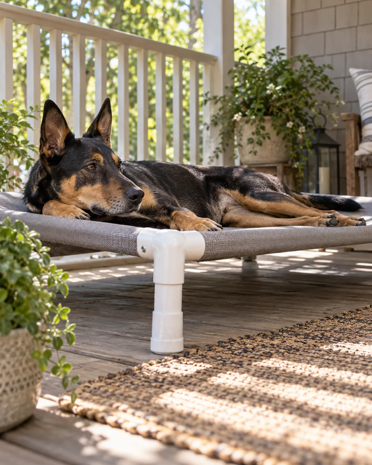 a large lean black-and-tan dog lying stretched out on a PVC pipe cot with grey fabric on a covered porch