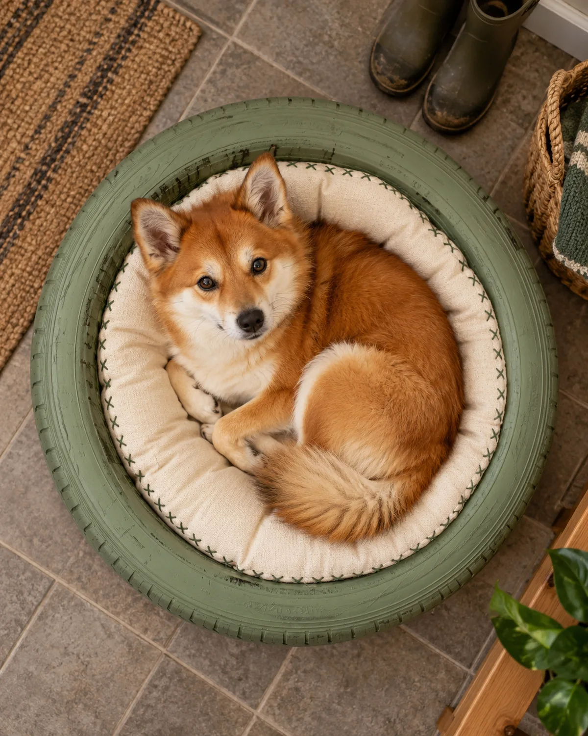 a small orange-red fox-faced dog curled up inside a painted sage-green tire bed with a cream cushion on a mudroom floor