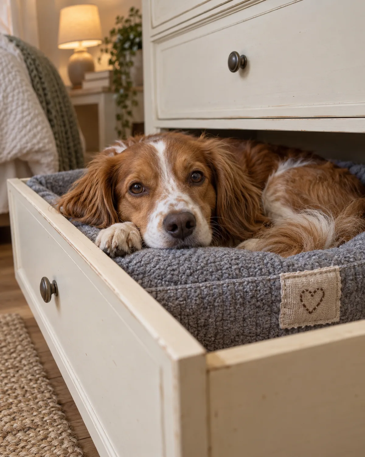 a medium chestnut-and-white silky-coated dog nestled inside the bottom drawer of a cream dresser lined with a grey pad