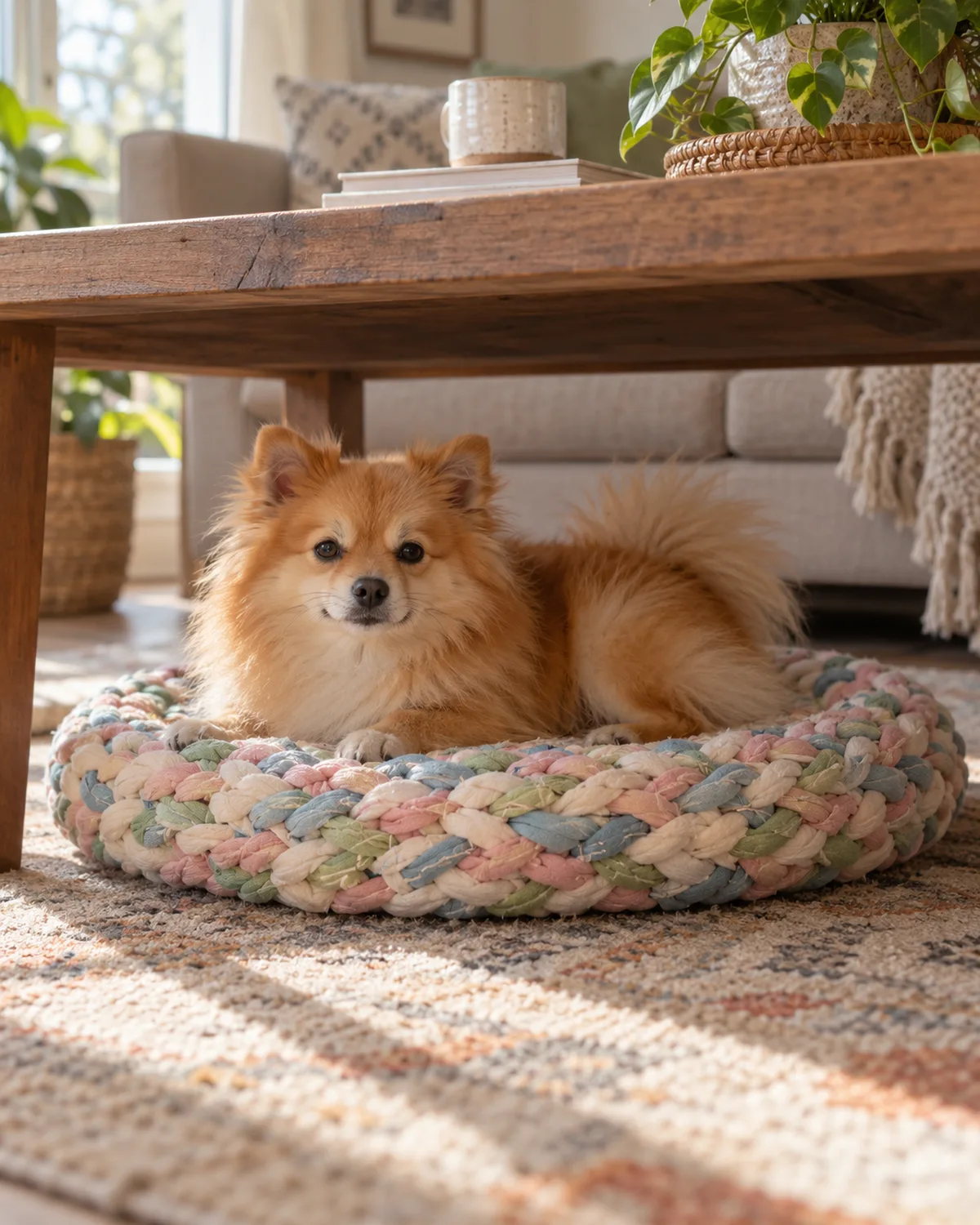 a tiny fluffy orange dog lying on a coiled braided t-shirt rope bed in mixed pastels under a low coffee table