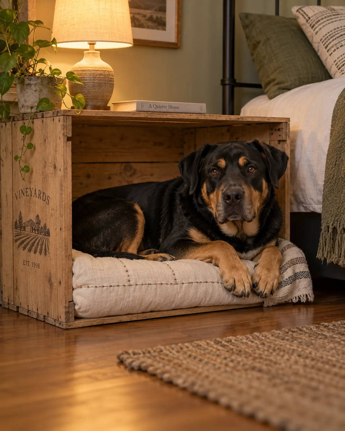 a large black-and-tan dog lying inside a wooden wine crate turned on its side with a lamp on top beside a bed