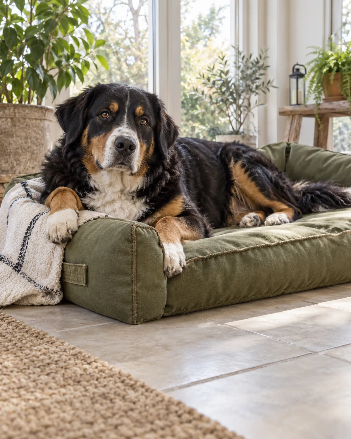 a large tricolor dog lying on a foam-and-canvas bolster bed with an olive cover on a sunroom tile floor