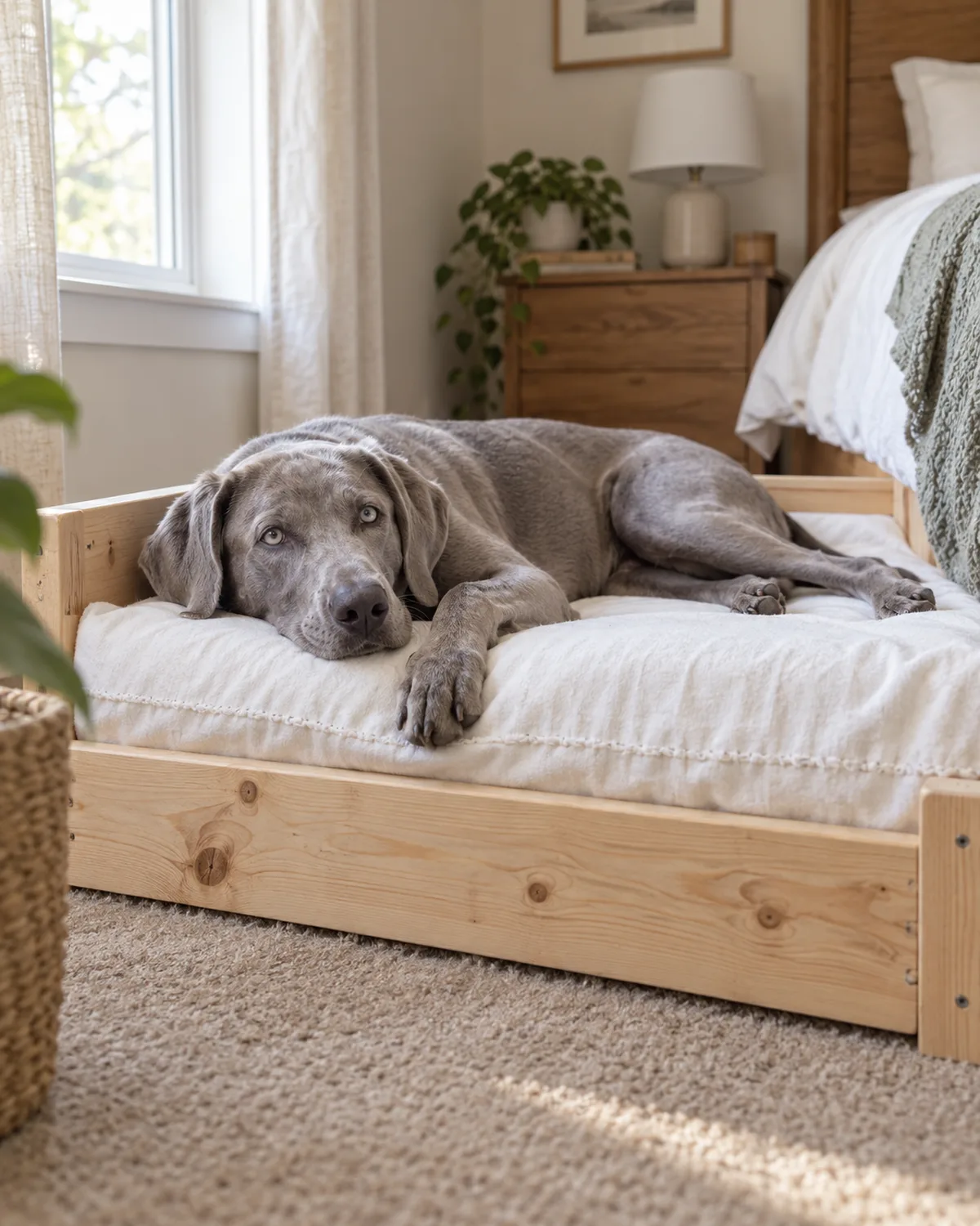 a large silver-grey short-coated dog stretched out on a crib mattress bed inside a low pine frame on a bedroom carpet
