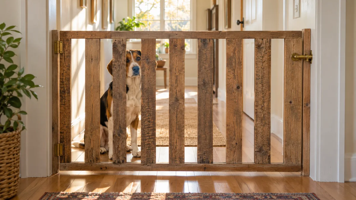 a tricolor short-coated hound-type dog sitting beside a rustic pallet-wood slat gate in a bright hallway doorway