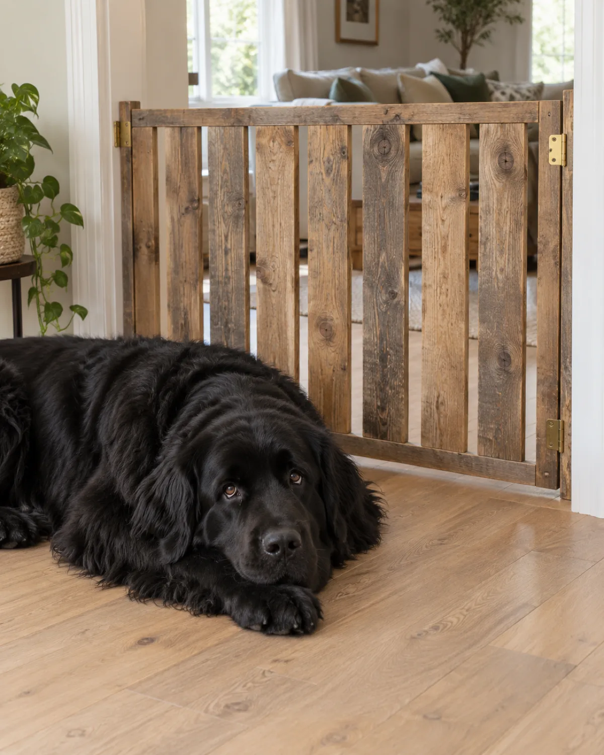 a solid-black large long-coated dog lying beside a pallet-wood slat gate mounted in a living room doorway with brass hinges on pale hardwood floor