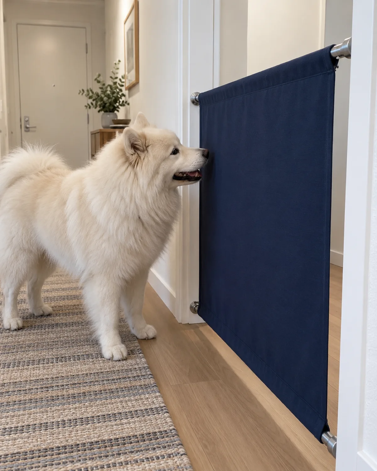a cream-white fluffy double-coated dog sniffing at a navy canvas fabric panel stretched between two tension rods in an apartment hallway doorway