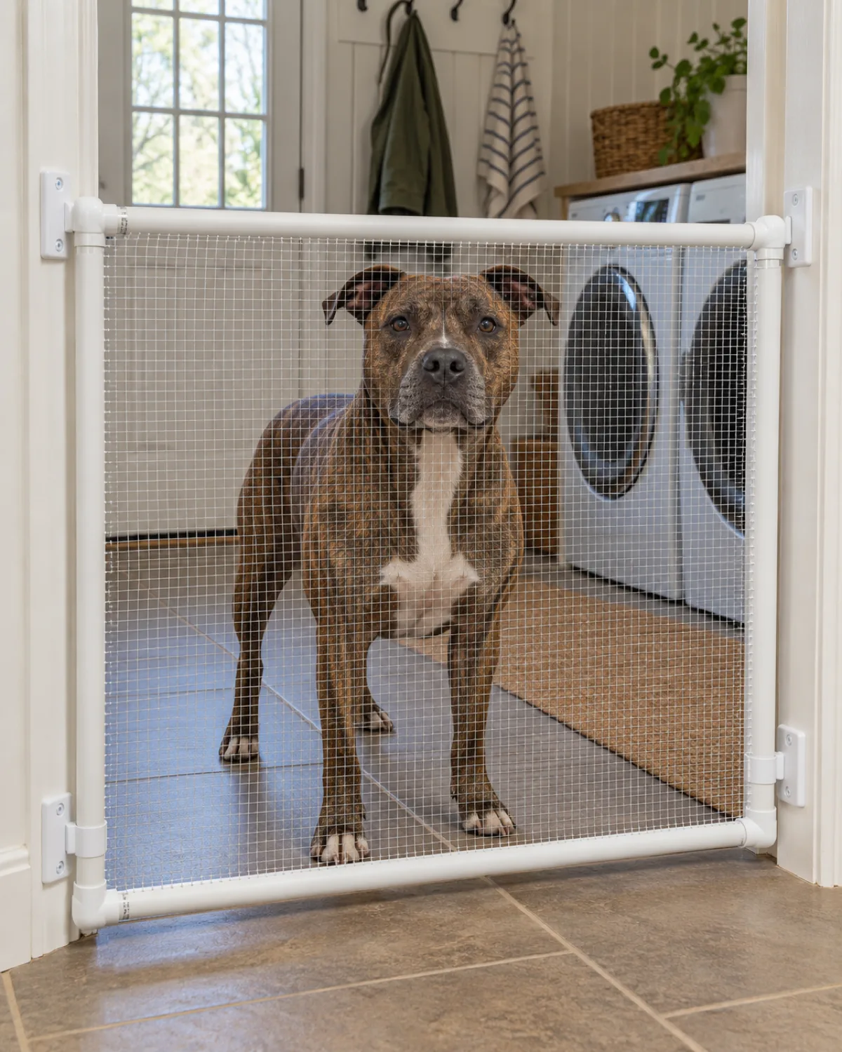 a brindle muscular short-coated dog standing behind a white PVC pipe frame gate filled with mesh netting in a mudroom