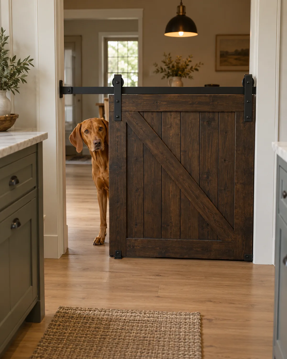 a rusty-golden sleek short-coated athletic dog peeking around the edge of a dark-stained barn door on a black metal sliding rail across a wide kitchen opening