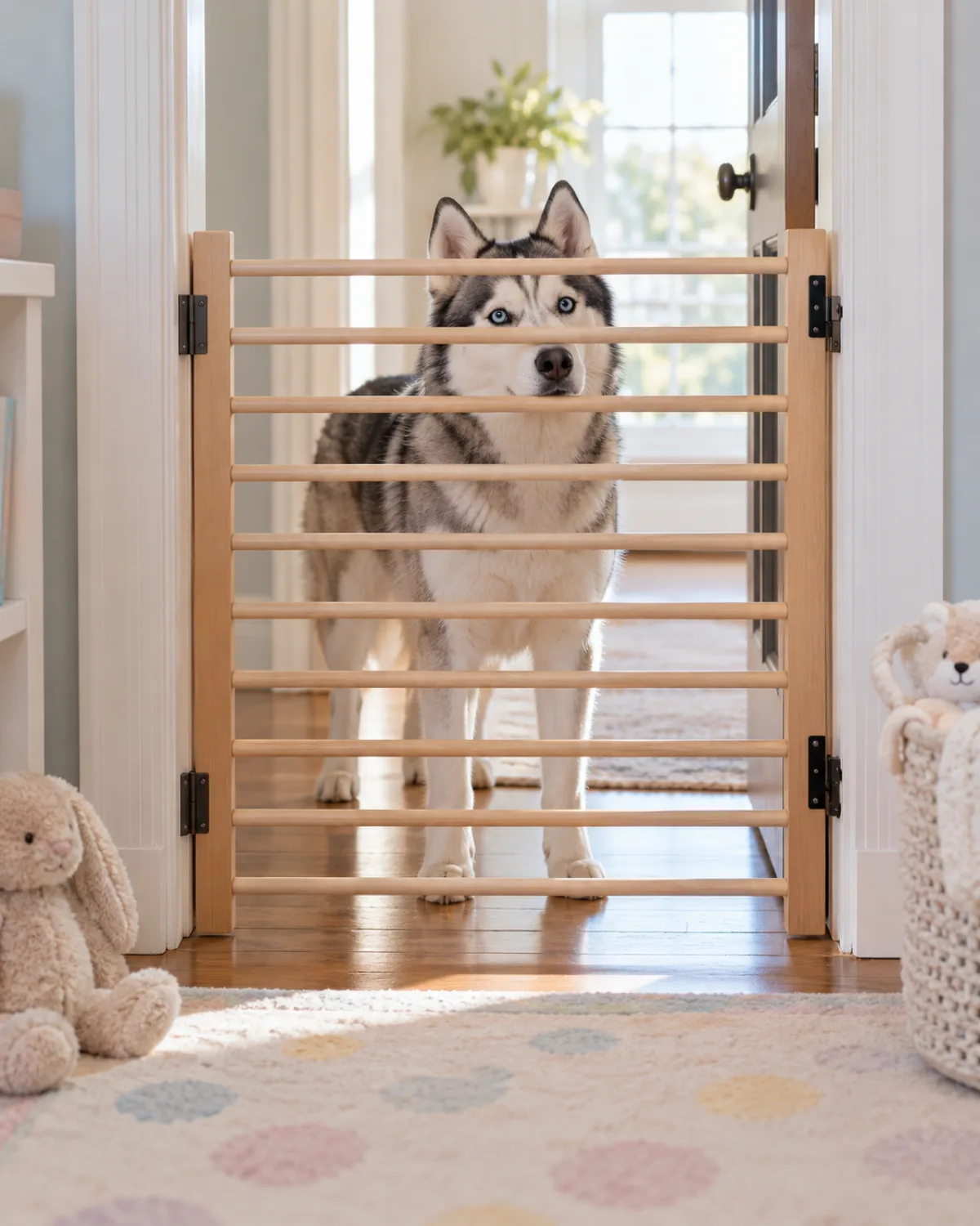 a grey-and-white thick double-coated dog with blue eyes looking through the gaps of a gate made of evenly spaced natural-finish dowel rods in a bright nursery doorway
