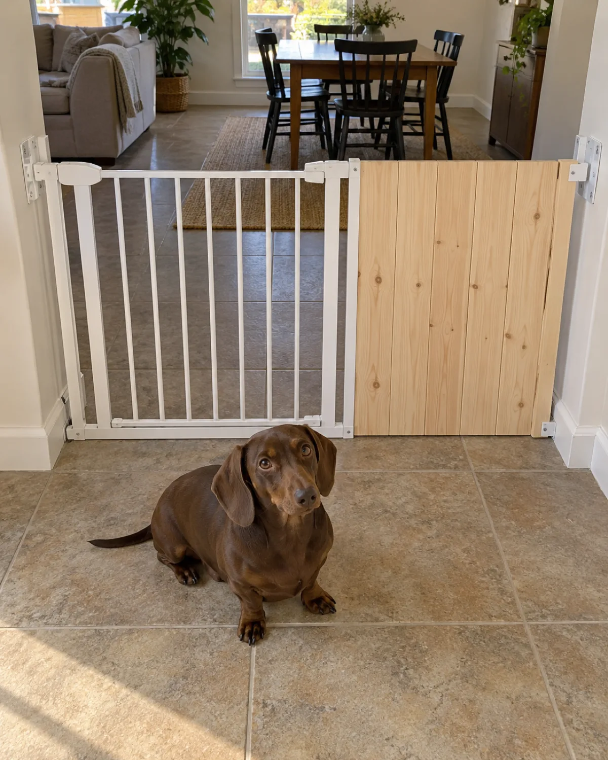 a chocolate-brown short smooth long-low-bodied dog sitting on a tile floor in a wide living-to-dining passage with a standard baby gate extended by a DIY wood panel