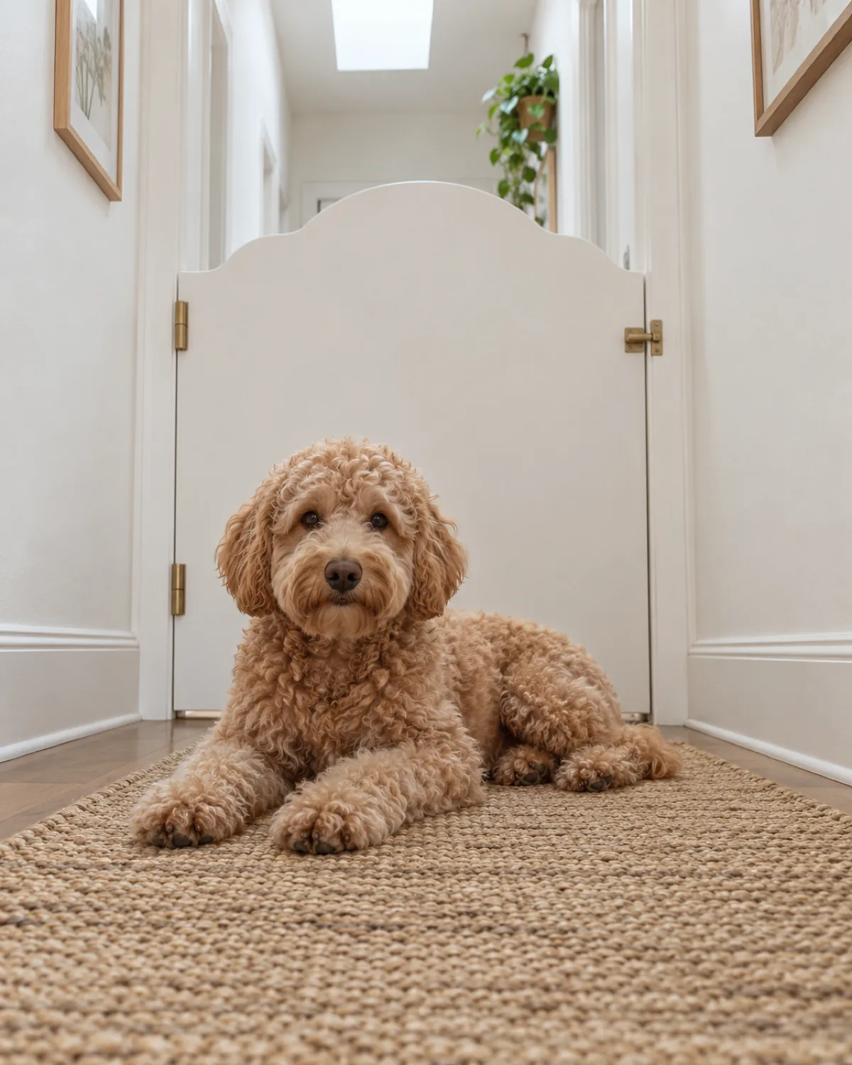 an apricot curly-coated medium-sized dog lying on a jute rug in front of an arched-top plywood cutout gate mounted in a hallway door frame