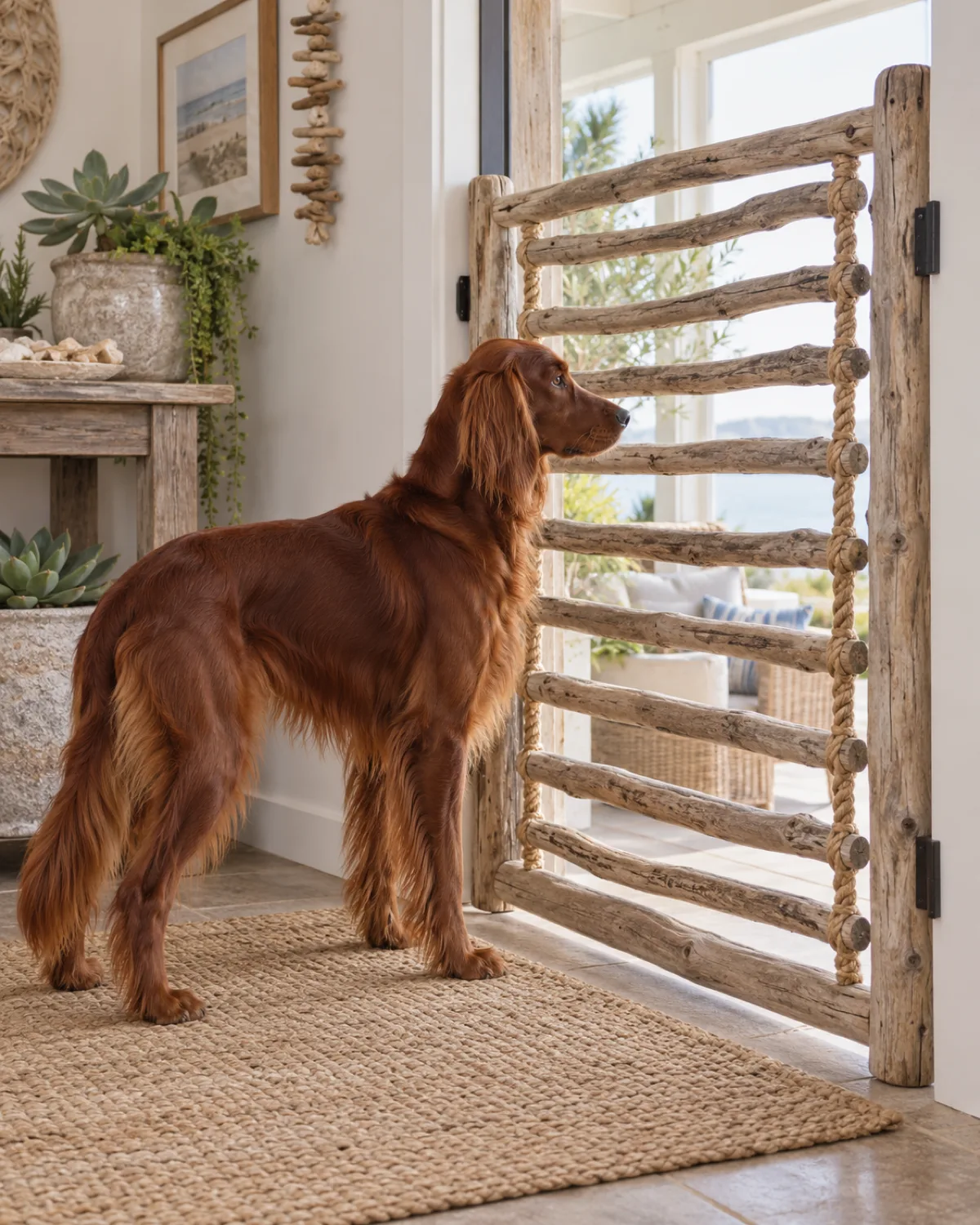 a deep-red smooth silky long-coated dog standing near a bohemian driftwood-and-rope gate at a sunroom entry on a sisal mat